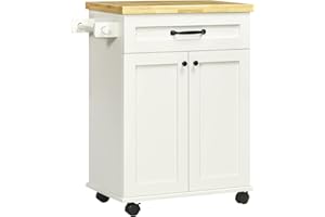 HOMCOM Deser kuchenny na kółkach Wózek kuchenny Wielofunkcyjny 1 szuflada 1 szafka 1 drzwi na ręczniki - biały i drewniany blat