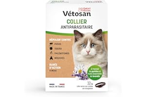 Clément Thékan - Vétosan Collier Antiparasitaire pour Chats - À l'extrait de pyrèthre et d'huile Essentielle de lavandin - 1 Collier de 32 cm