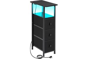 LOAKEKEL Slim Bedside Table with Charging Station, Narrow Side Table with LED Light, Small Sofa Table with 3 Fabric Drawers, End Table, Nightstand for Small Spaces, Living Room, Black UHETNDP03LBK-1