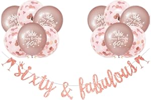 Rose Gold 60th Birthday Decorations Women Sixty and Fabulous Rose Gold Glitter 60thBirthday Banner Happy 60th Birthday Balloons Confetti by RichMoho