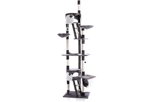 Wiltec Arbre à Chat XXL - 240-260 cm de Hauteur Plafond réglable - Design avec Échelles - Meuble grattage félin Peluche - Couleur Gris-Blanc - Griffoir Grattoir avec Maisonnettes, sisal et niches