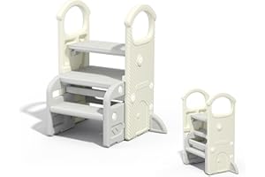 Hominewti Marchepied pour Enfant, Hauteur Réglable sur 2 À 3 Marches, Pliable, Multifonction, avec Accoudoirs, Antidérapant, Idéal pour La Salle De Bain Et La Cuisine, Gris