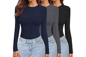 Ekouaer Womens 3 Pack Long Sleeve Tops Crew Neck Thermal Shirts Set Stretch Fitted Underscrubs Layer Tee XS-XXL