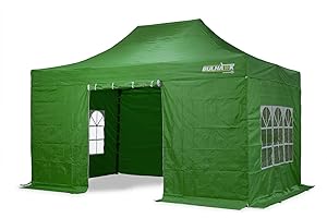 Bulhawk® 3M x 4.5M PREMIUM 32 COMMERCIAL GRADE, WATERPROOF, HEAVY DUTY POP UP GAZEBO MARKET STALL MARQUEE, INCLUDES 4 X 100% WATERPROOF SIDEWALLS AND CARRY BAG (3m x 4.5m Green including side panels)