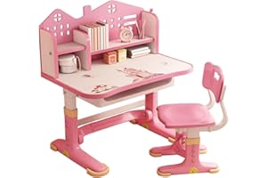 RRXIMHTT Kinder-Funktions-Schreibtisch-Stuhl-Set, höhenverstellbarer Kinder-Schul-Schreibtisch mit Burglehne, erweitertem Schreibtisch, Buchständer und Speicherschublade (PINK-A)