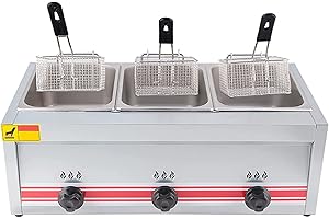 CGLYYDS Friteuse à gaz professionnelle GPL, friteuse commerciale en acier inoxydable avec paniers et couvercles de friteuse, pour la cuisine à domicile de restaurant commercial,TripleCylinder10L+10L+10L