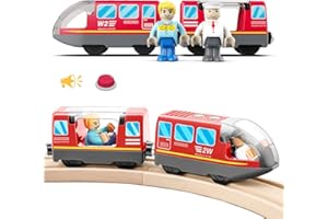 LiRiQi Eisenbahn elektrische lok Holzeisenbahn Zug, Batteriebetriebener Lokomotivzug, Leistungsstarker Motorzug kompatibel mit Thomas, Brio, Spielzeug für Kinder Kleinkind Junge, Rot