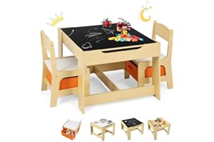 GOPLUS Table Enfant avec 2 Chaises, 3-en-1 Petite Table de Dessin, Réversible à Double Face avec Tableau Noir, 2 Boîtes de Rangement, Bureau Enfant Polyvalente pour Manger Etudier Jouer