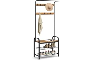 VASAGLE Porte-Manteau avec Étagère à Chaussures, Meuble d’Entrée avec Banc, 4-en-1, 9 Crochets Amovibles, Vestiaire, 34 x 72 x 183 cm, Style Industriel, Marron Noisette et Noir HSR040B41