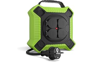 MutecPower enrouleur electrique 15m IP44 rallonge electrique enrouleur avec 4 prises de courant protégées pour usage extérieur, Noir/Vert