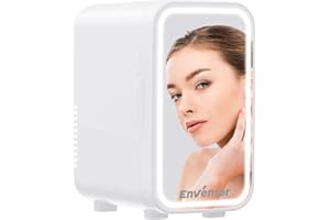 Enventor 6L 8 Latas Nevera Pequeña Blanco, Mini Frigorifico con Enfriador y Calentador, Espejo con Luz LED Regulable, Alimentación Dual, Mini Nevera para Habitacion, Oficina y Coche
