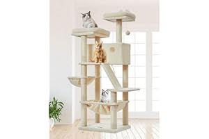 Taoqimiao Alberi Tiragraffi, 146cm Stabile Multilivello Albero per Gatti con 1 Grotte,1 Amaca, 1 Cestini, 8 Pali Graffiatoi, 2 piattaforme, Materiale di Flanella Morbida MS026M