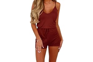 Dreamskull Träger Jumpsuit Overall Einteiler Romper Hosenanzug Kurz Rückenfrei Ärmellos V Ausschnitt Spagettiträger Stretch Locker Damen Frauen