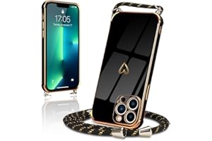 Micoden Handykette kompatibel mit iPhone 13 Pro Max Hülle Ultra dünn Kameraschutz Herz Love Design Galvanik TPU Silikon Bumper Kordel zum Umhängen Handyhülle mit Band Schutzhülle,schwarz