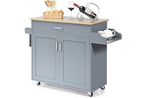 ‎GIANTEX GIANTEX Küchenwagen mit Arbeitsplatte, Küchenschrank mit Rollen, bewegliche Kücheninsel Holz, Servierwagen Küchenrollwagen Rollwagen mit Schublade, Küchentrolley 116 x 40 x 85 cm, Grau