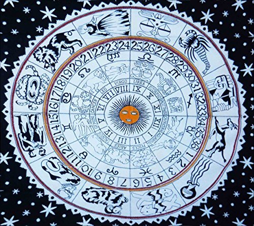 Handicrunch Weiß Tierkreis-Horoskop-Tapisserie, indische Astrologie Hippie Wandbehang, göttliche Ethnische dekorative Geschenk Art, Sun Moon keltischen Stern Tapestry