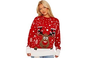 janisramone® Womens Christmas Jumpers, Novelty Xmas Jumper, Knitted Reindeer Merry Christmas Sweater, Long Sleeves Crew Neck Rudolph Christmas Jumper for Women Pullover Funny Christmas Jumpers