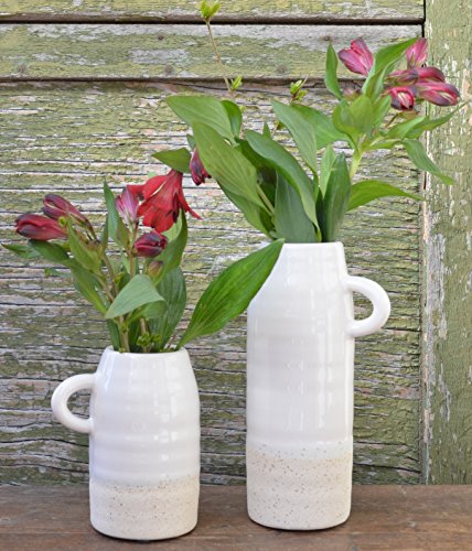 Deko-vasen mit Henkel im Landhaus Stil 2er Set. Keramik-vase creme-weiß und beige (cremeweiß glasiert) - Blumen-Vase Tisch-Vase