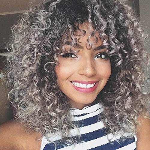 Pelucas de pelo rizado para mujeres negras, fibra sintética resistente al calor, pelo corto rizado negro, peluca de 15 pulgadas 220 g (gris) (WS707)