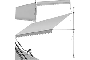 tectake Garden Patio Retractable Awning, Manual with Hand crank, Sun shade Canopy with UV and Rain Resistance, Clamp System with No Drilling Required - light grey