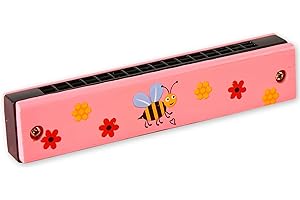 NICECONE Kids Wooden Harmonica 16 Holes - Musical Toy with Blue Fish or Pink Bee Design, Natural Beginner Instrument for Ages 3+, Party Favors, Gift for Birthday/Christmas (Pink)