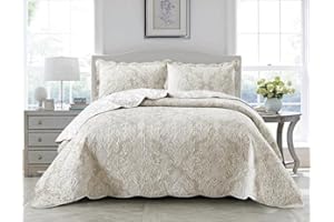 GENERIC BSL 3 Piece Quilted Bedspread Throw Bedding Set Luxury Bed Throw Comforter and 2 Pillow Shams Floral and Damask Printed Design Machine Washable (Damask Beige, King)