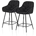 TUKAILAi Bar Stools Set of 2 Black Velvet Kitchen Breakfast Island Chairs 65cm Seat Height with Armrest and Metal Legs Footrest for Dining Island Pub Home Furniture