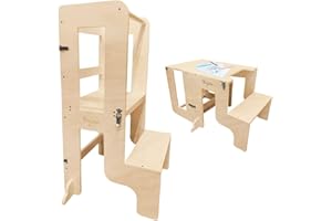 Family Nation, Torre Montessoriana 2 in 1, Convertibile in Tavolo e Sedia, per Bambini da 1 Anno di Età, Struttura in Legno con Supporto Extra, Natural, 42x45x86 cm