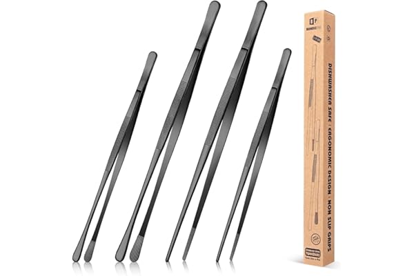 4 Pincettes de cuisine en acier inoxydable, 12 et 10 pouces, longue pincette de cuisine professionnelle noire pour la cuisine, les réparations, les fruits de mer et le barbecue.