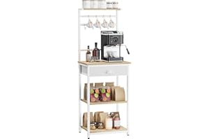 YMYNY Scaffale da Cucina, Porta-caffè in legno a 5 livelli, Scaffale per macchina del caffè, Organizzatore di 12 ganci, Cassetti in tessuto, 33 x 43 x 134,5cm, per Soggiorno, Ufficio, Naturale HBR009R