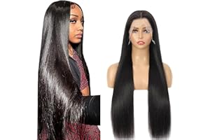 Salharer Parrucca Donna Capelli Veri Umani 13x1 Lace Front Wig Straight Human Hair Wig #1B Natural Black Wig Pre Plucked with Baby Hair 180% Density Hair 16 Pollice