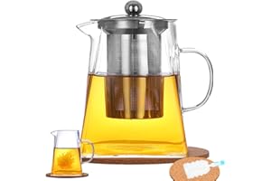 AODIGEGE Square Glass Teapot with Infuser, 950ml Tea pot, Teapot Cork Coasters, Bottle Cleaning Brush, Borosilicate Glass Teapot for Stovetop Safe,Glass Teapot for Blooming Tea,Loose Tea,Flowering Tea