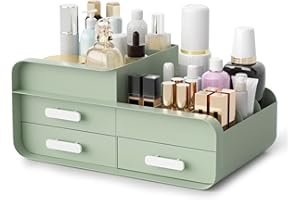 MACALLEN Makeup Organiser Cosmetic Storage Box, Make up Organizer Dressing Table Plastic Cosmetics Holder with Drawer - Large Countertop Vanity Cosmetic Stand Containers for Beauty Skincare Jewellery, Green
