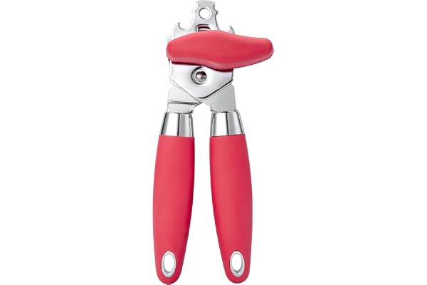 TJ POP Ouvre-boîte manuel robuste pour mains arthritiques, lame tranchante en acier inoxydable, poignées antidérapantes à bord lisse (rouge)