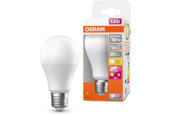 OSRAM SUPERSTAR+ CLASSIC A 60 FR LED-lampa, E27-sockel, glödlampsform, 8,8W, 806lm, 2700K, varmvitt ljus, mycket låg energiförbrukning, lång livslängd, rörelsesensor, automatisk avstängning