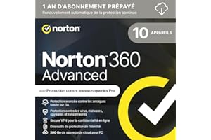 Norton 360 Advanced 2026 | 10 appareils | 1 An d'Abonnement en renouvellement automatique | Téléchargement