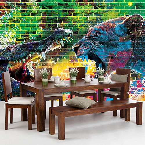 Vlies Fototapete PREMIUM PLUS Wand Foto Tapete Wand Bild Vliestapete – Steinwand Steine Graffiti Tiere Krokodil Löwe Zähne Gebiss Wasser – no. 1918, Größe: 254 x 184 cm Vlies - 9