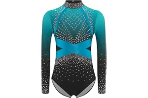 ranrann Enfant Fille Justaucorps Gymnastique Strass Manche Longue Danse Gym Tenue Patinage Artistique Costume Spectacle 5-16 Ans