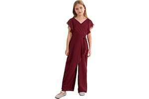 ranrann Kids Flower Girls Pleated Chiffon Jumpsuit V-Neck Ruffled Short Sleeve Casual Romper Long Pants