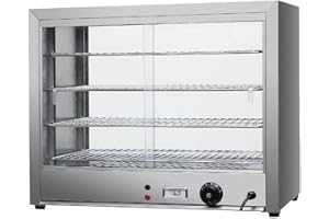 ENERJARY Futchoy Vetrina riscaldata con 4 telai in acciaio inox, scaldavivande commerciali, termostato regolabile da 30 °C fino a 85 °C, per mense, panetterie, 64 x 34 x 53 cm