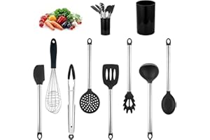 HONGIEN wrtgerht Outils Cuisine Set 9 Pcs Silicone Ustensiles de Cuisine, Résistant en Qualité Alimentaire et Acier Inoxydable Sans BPA Antiadhésif Anti-rayures Ensemble d'ustensiles