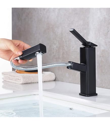 HURRAN Uittrekbare waterkraan voor de badkamer, eengreepsmengkraan voor wastafel, lage wastafelarmatuur met 2 straalsoorten, roestvrij staal, geborsteld nikkel