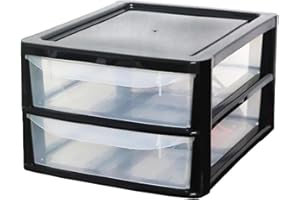 KYY'Z A4 Plastic Slim Storage Drawers Tower Unit Office Desktop Tabletop Home School Garage Portable Desk Organizer 2|3|4|6|8 Tiers (A4 Plastic Small Black/Clear) (Black/Clear, A4 Slim 2 Drawers)