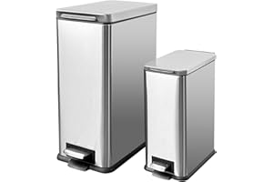 JM ·YIPENG 30L Kitchen Bin + 10L Bathroom Bin, Stainless Steel Bin with Soft Close Lid,Slim Pedal Bin with Removable Inner Bucket for Home,Bathroom,Kitchen,Bedroom,and Office
