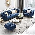 ANTIQUE WOOD ART Modern & Classic 4 Seater Fabric & Valvet Tufted 3+1+1 Footrest Chesterfield Sofa for Living Room, Dining Room and Office-(Blue).
