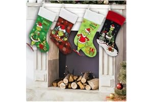 Super Idee Juego de 4 medias inspiradas en Grinch, diseño único, estilo navideño, 46 cm, grandes calcetines de Navidad, para vacaciones familiares, Navidad, fiestas