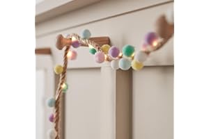 Lights4fun Pre-Lit 1.4m Battery Operated Pastel Pompom Garland with Warm White LED Fairy Lights & Timer – Spring & Summer Indoor Decoration for Mantels, Bookshelves, Tablescapes, Bedroom