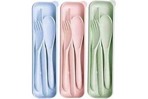 GRUVOX 3PCS Travel Cutlery Set with Case,Cutlery Set Reusable Travel Cutlery Set with Case Camping Cutlery,Fork Knife Spoon, Reusable Tableware for Camping, School, Office Lunch(Pink,Blue and Green)