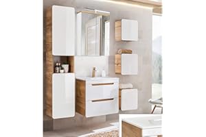 ‎LOMADOX Lomadox Badmöbel Komplett Set, Hochglanz weiß mit Wotan Eiche Nb., 61 cm Keramik-Waschtisch, LED-Spiegelschrank, Hochschrank und 3 Hängeschränke