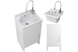 Granitan Bassin d'évier avec meuble bas + mitigeur de cuisine, en plastique, pour garage, cave et atelier, meuble bas avec portes des deux côtés, 42 x 34 x 24 cm, blanc